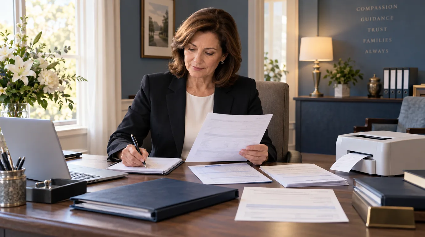 Funeral home administrator preparing a receipt and itemized statement at an organized desk