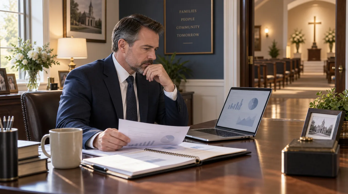 Funeral home owner reviewing market information on a laptop in a sunlit office