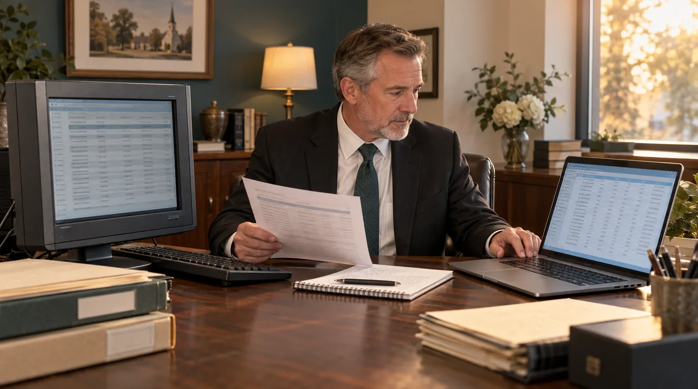 Funeral home manager comparing an older desktop system with modern cloud case management software