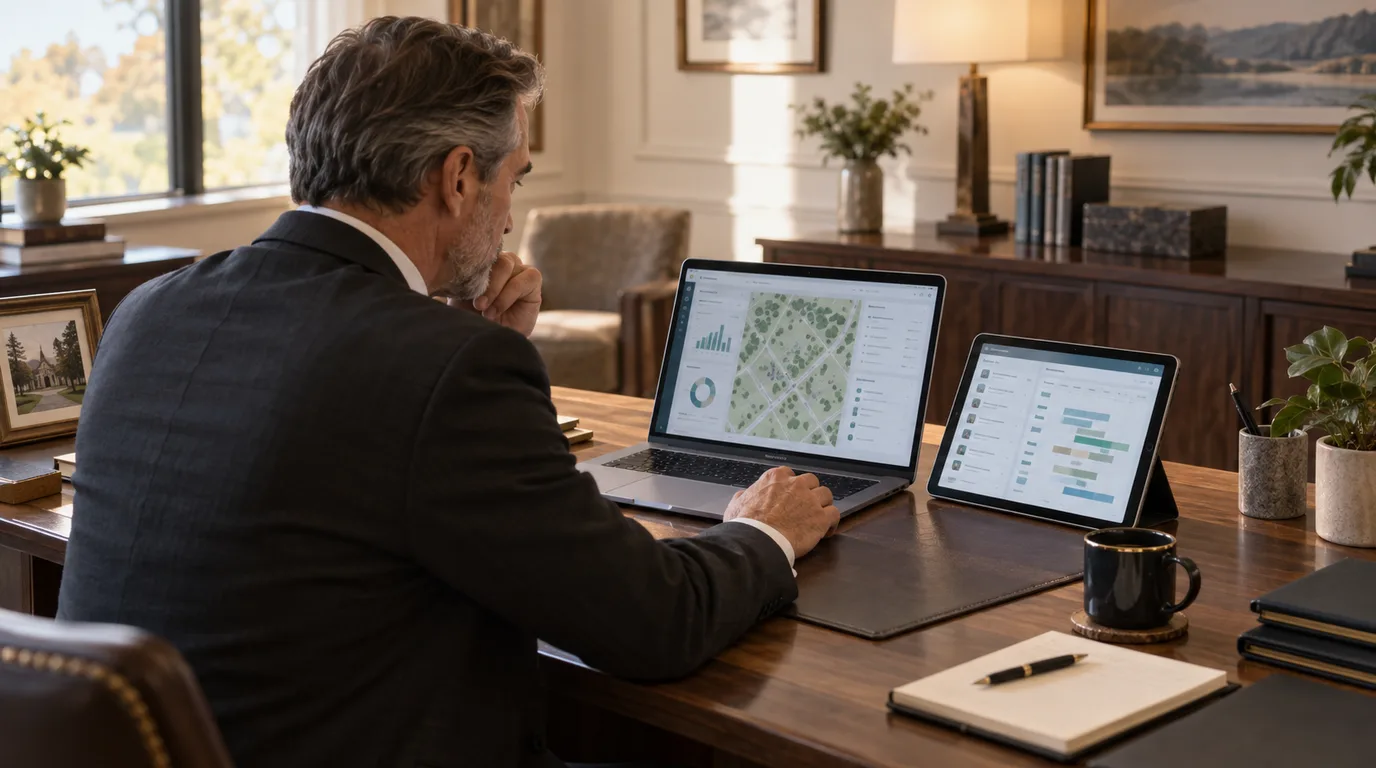 Funeral director comparing cemetery mapping and case management software on a laptop and tablet
