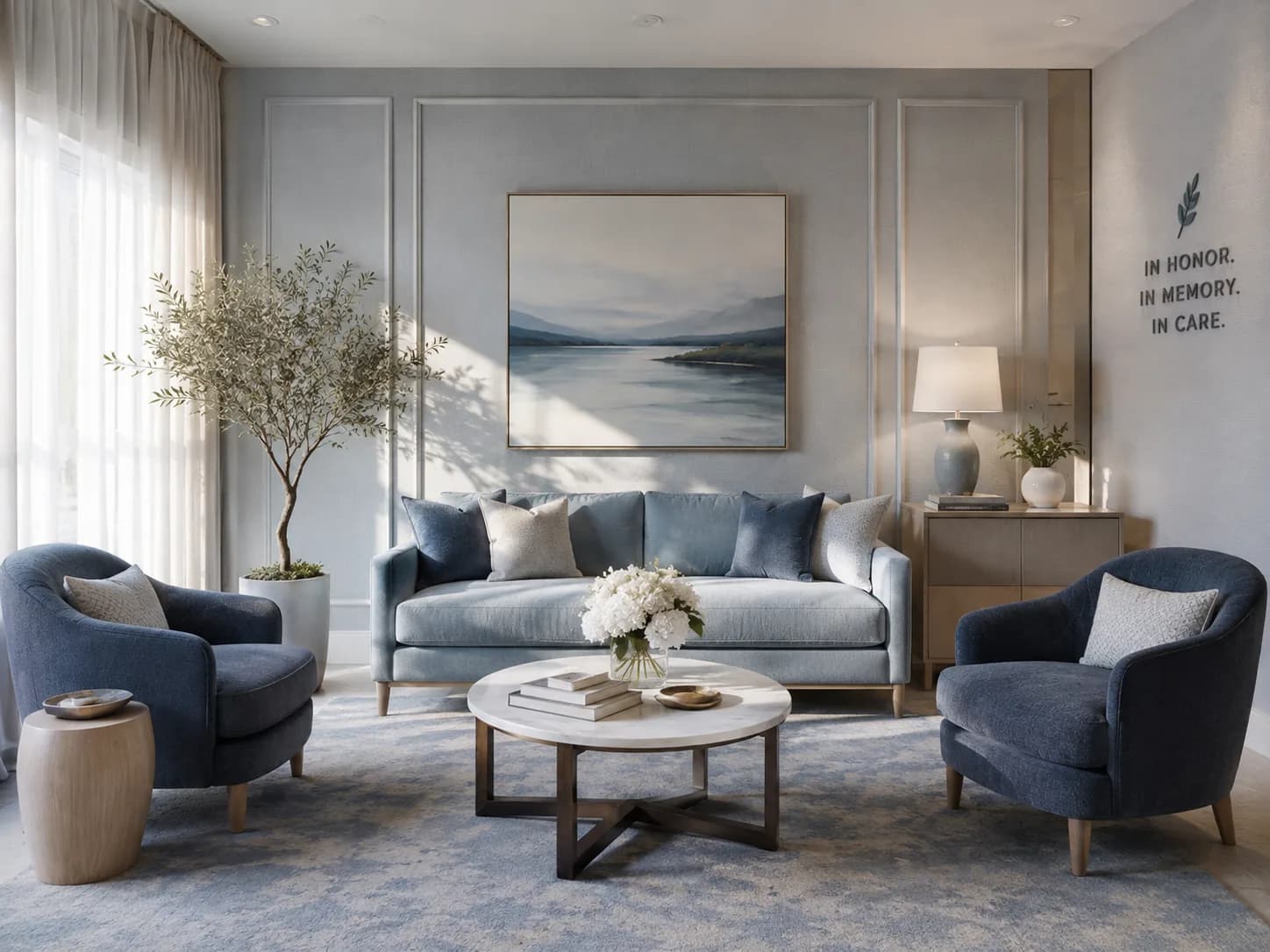 A funeral home arrangement room with a sofa and a low table set for a family meeting
